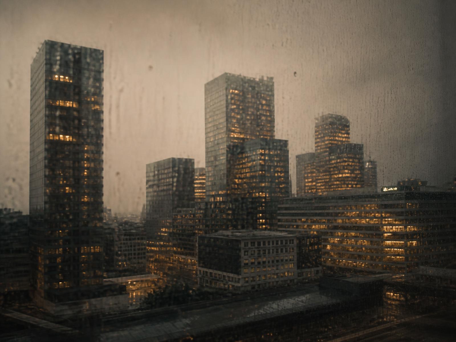 City financial district at dusk seen through rain-flecked glass