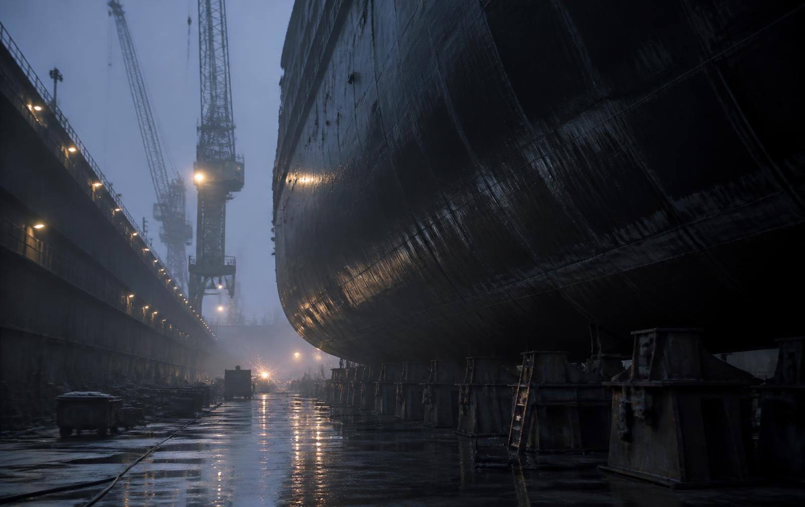 Shipbuilding dry dock at blue hour with cranes and a steel hull